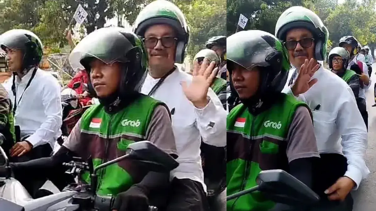 Pasalon Beriman, (Kang Imron-Kang Agus) menggunakan ojol menujuh Gedung KPU Kabupaten Cirebon, saat pengundian nomor urut pilkada serentak 27 November 2024 mendatang/Divipromedia.com