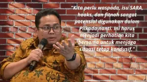 "Kita perlu waspada, isu SARA, hoaks, dan fitnah sangat potensial digunakan dalam Pilkada nanti. Ini harus menjadi perhatian kita bersama untuk menjaga situasi tetap kondusif," kata Rahmat Bagja Ketua Bawaslu RI pada Jumat (27/9)/divipromedia.com