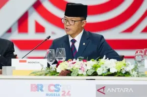 Menteri Luar Negeri RI Sugiono dalam Konferensi Tingkat Tinggi (KTT) BRICS Plus di Kazan, Rusia, Kamis (24/10/2024). ANTARA/HO-Kemlu RI