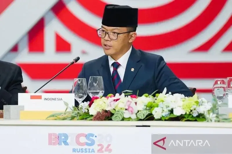 Menteri Luar Negeri RI Sugiono dalam Konferensi Tingkat Tinggi (KTT) BRICS Plus di Kazan, Rusia, Kamis (24/10/2024). ANTARA/HO-Kemlu RI