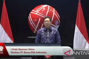 Direktur Penilaian Perusahaan PT Bursa Efek Indonesia (BEI) I Gede Nyoman Yetna menyampaikan sambutan di Main Hall BEI, Jakarta, Rabu (8/1/2025). ANTARA/ Muhammad Heriyanto