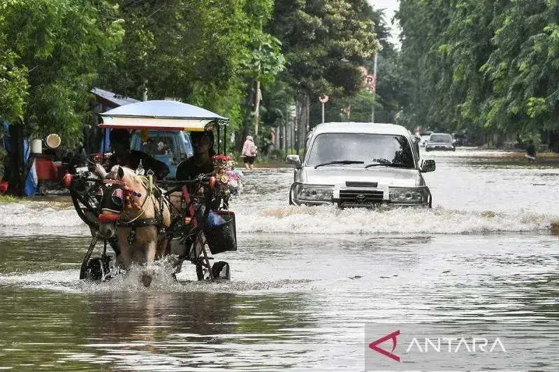 Pengendara mobil dan delman melintasi genangan air di Jalan Boulevard Barat Raya, Kelapa Gading, Jakarta Utara, Rabu (29/1/2025). ANTARA FOTO/Fakhri Hermansyah/YU/am. Pengendara mobil dan delman melintasi genangan air di Jalan Boulevard Barat Raya, Kelapa Gading, Jakarta Utara, Rabu (29/1/2025). ANTARA FOTO/Fakhri Hermansyah/YU/am.