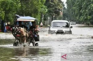 Pengendara mobil dan delman melintasi genangan air di Jalan Boulevard Barat Raya, Kelapa Gading, Jakarta Utara, Rabu (29/1/2025). ANTARA FOTO/Fakhri Hermansyah/YU/am.