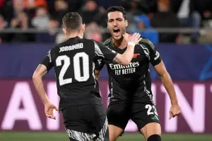 Pemain Arsenal Jorginho #20 berselebrasi setelah berhasil mencetak gol dari titik penalti saat pertandingan Liga Champions kontra Girona di Stadion Montilivi, Girona, Kamis dini hari WIB (30/1/2025). Arsenal menang 2-1. ANTARA/X/@Arsenal (@Arsenal)
