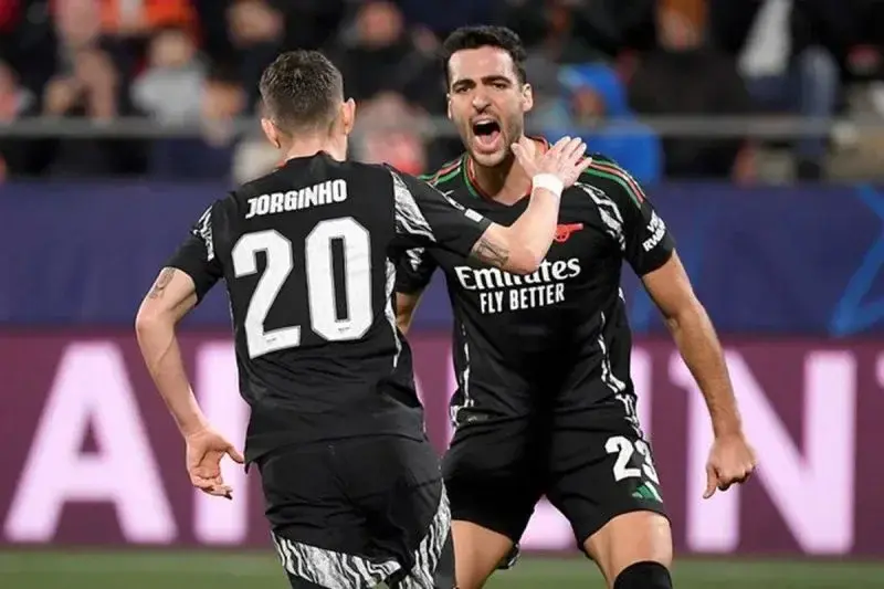 Pemain Arsenal Jorginho #20 berselebrasi setelah berhasil mencetak gol dari titik penalti saat pertandingan Liga Champions kontra Girona di Stadion Montilivi, Girona, Kamis dini hari WIB (30/1/2025). Arsenal menang 2-1. ANTARA/X/@Arsenal (@Arsenal)