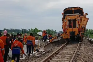 Petugas KAI Daop 4 Semarang masih melakuoan perbaikan jalur rel di perlintasan antara Stasiun Gubug dan Stasiun Karangjati yang masih terputus akibat banjir di Kabupaten Grobogan, Kamis (23/1/2025). (ANTARA/HO-KAI Daop Semarang)