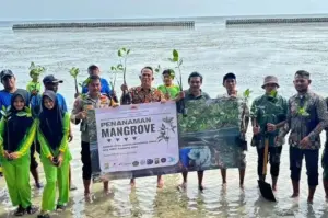 Aliansi Pemuda Mahasiswa Pulau Seribu (APPS) melakukan penanaman mangrove di Pulau Tidung sebagai bentuk dukungan terhadap program nol emisi karbon pada 2060. ANTARA/HO-Pemkab Kepulauan Seribu