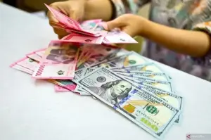 Petugas menghitung uang pecahan dolar AS dan rupiah di gerai penukaran mata uang asing di Jakarta, Jumat (2/1/2025). Nilai tukar rupiah terhadap dolar AS pada perdagangan Jumat ditutup menguat 1 poin atau 0,01 persen menjadi Rp16.197 per dolar AS didorong oleh intervensi Bank Indonesia (BI) di pasar valuta asing (valas). ANTARA FOTO/Rivan Awal Lingga/foc.