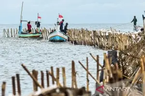 Sejumlah nelayan bersama personel TNI AL membongkar pagar laut yang terpasang di kawasan pesisir Tanjung Pasir, Kabupaten Tangerang, Banten, Sabtu (18/1/2025). ANTARA FOTO/Rivan Awal Lingga/Spt.